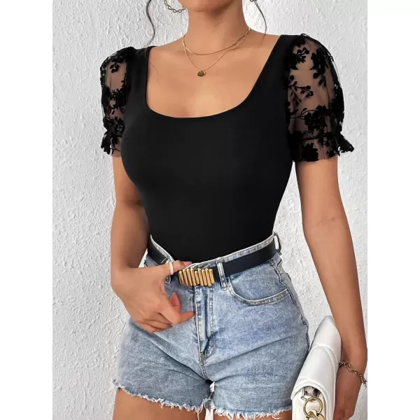 WDIRARA Women's Puff Sleeve Square Neck Short Sleeve Elegant Tee Top