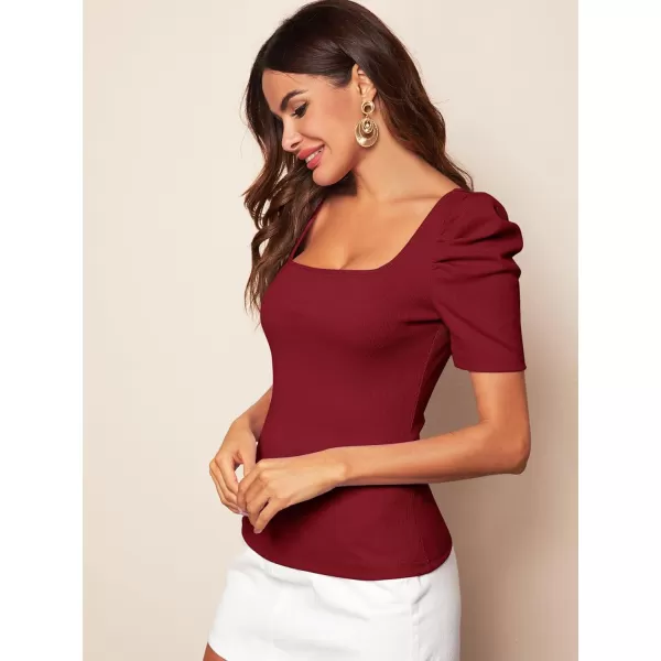 WDIRARA Women's Puff Sleeve Square Neck Short Sleeve Elegant Tee Top