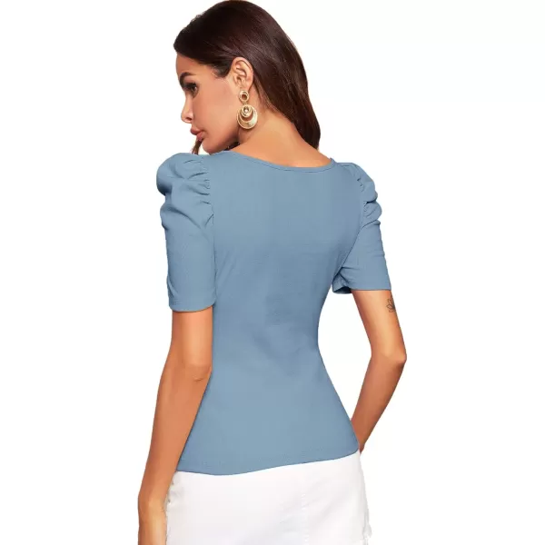 WDIRARA Women's Puff Sleeve Square Neck Short Sleeve Elegant Tee Top