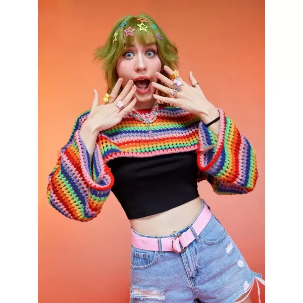 WDIRARA Women's Rainbow Striped Round Neck Long Sleeve Crop Sweater Casual Knit Pullovers