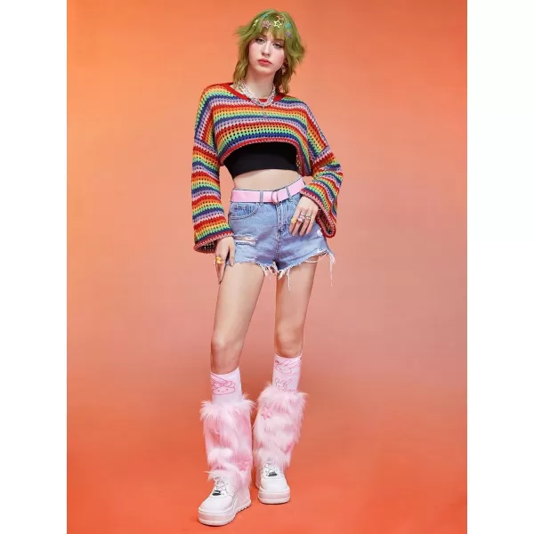 WDIRARA Women's Rainbow Striped Round Neck Long Sleeve Crop Sweater Casual Knit Pullovers