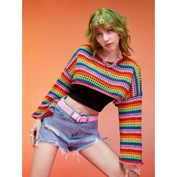 WDIRARA Women's Rainbow Striped Round Neck Long Sleeve Crop Sweater Casual Knit Pullovers