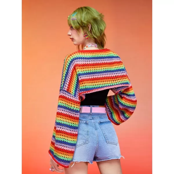 WDIRARA Women's Rainbow Striped Round Neck Long Sleeve Crop Sweater Casual Knit Pullovers