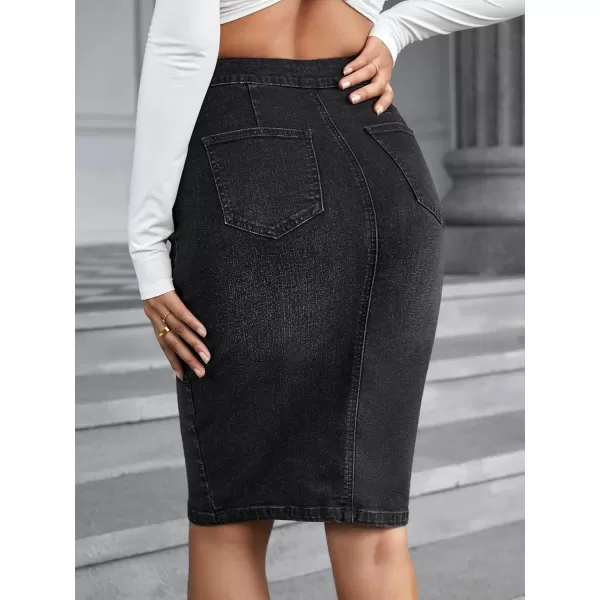 WDIRARA Women's Raw Hem Button Front High Stretch Casual Midi Pencil Denim Skirt