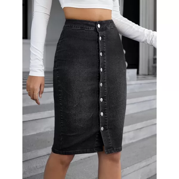 WDIRARA Women's Raw Hem Button Front High Stretch Casual Midi Pencil Denim Skirt