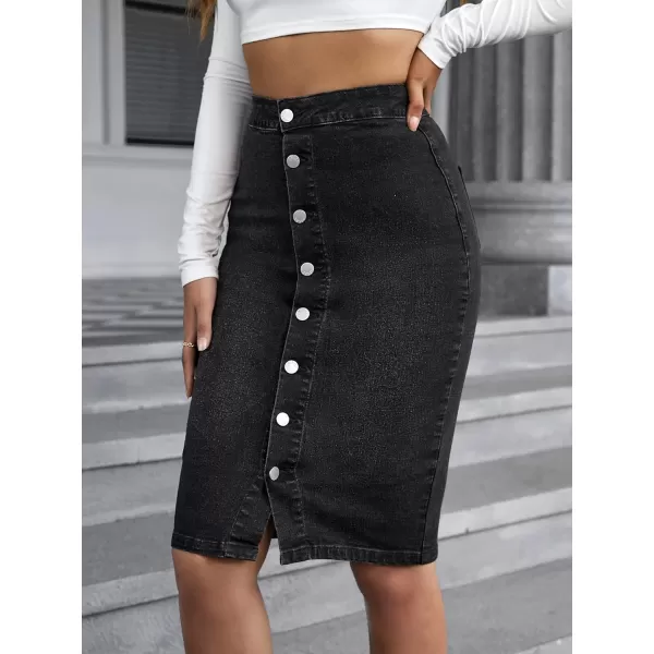 WDIRARA Women's Raw Hem Button Front High Stretch Casual Midi Pencil Denim Skirt