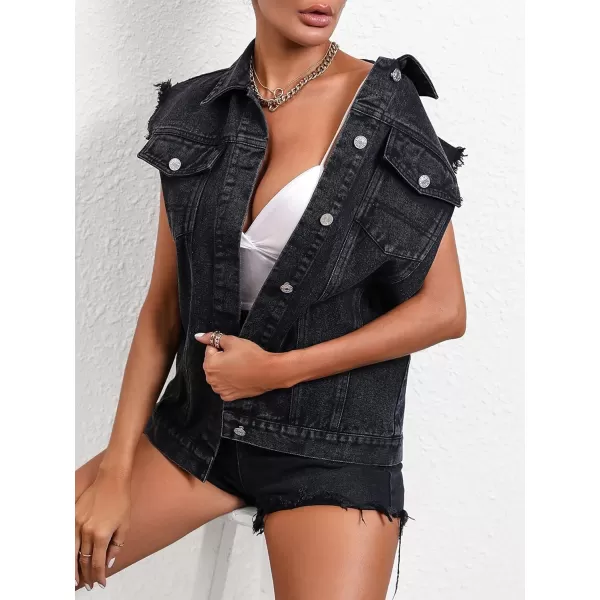 WDIRARA Women's Raw Trim Sleeveless Jean Vest Button Down Casual Denim Vest Jacket