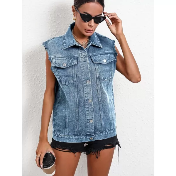WDIRARA Women's Raw Trim Sleeveless Jean Vest Button Down Casual Denim Vest Jacket