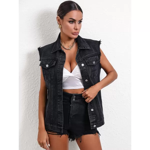 WDIRARA Women's Raw Trim Sleeveless Jean Vest Button Down Casual Denim Vest Jacket