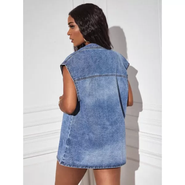 WDIRARA Women's Raw Trim Sleeveless Jean Vest Button Down Casual Denim Vest Jacket