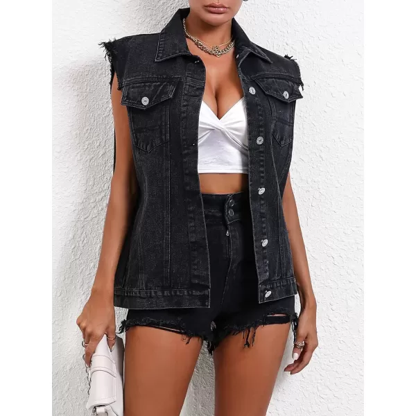 WDIRARA Women's Raw Trim Sleeveless Jean Vest Button Down Casual Denim Vest Jacket