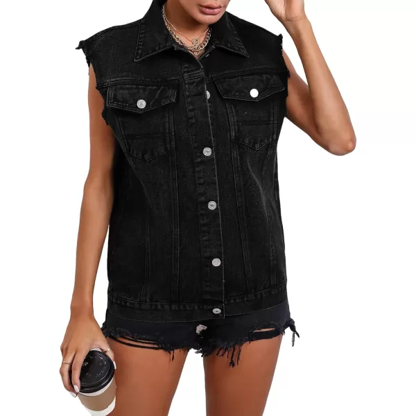 WDIRARA Women's Raw Trim Sleeveless Jean Vest Button Down Casual Denim Vest Jacket