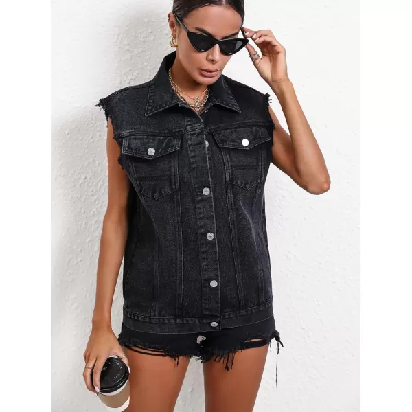 WDIRARA Women's Raw Trim Sleeveless Jean Vest Button Down Casual Denim Vest Jacket