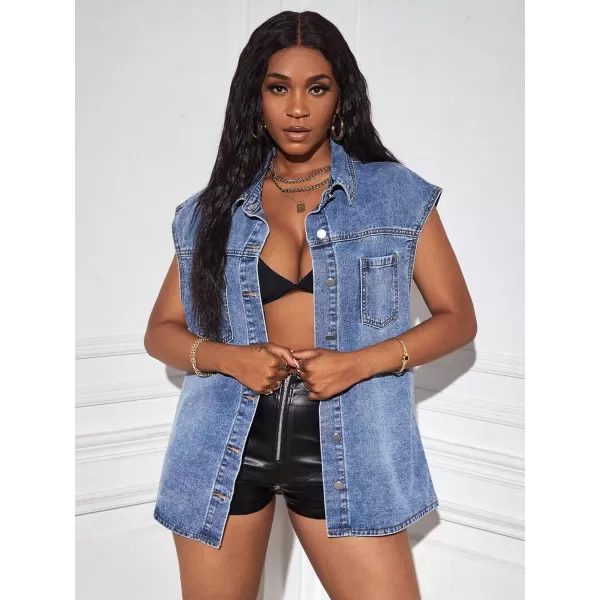 WDIRARA Women's Raw Trim Sleeveless Jean Vest Button Down Casual Denim Vest Jacket