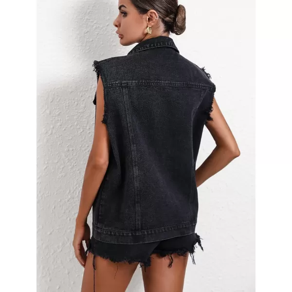 WDIRARA Women's Raw Trim Sleeveless Jean Vest Button Down Casual Denim Vest Jacket