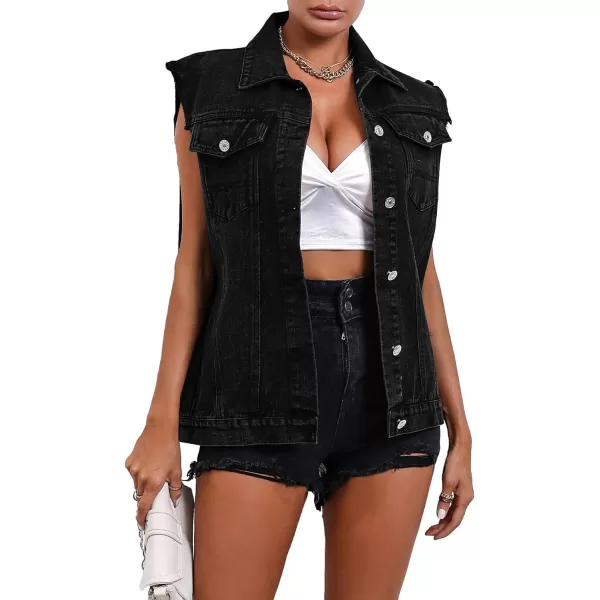 WDIRARA Women's Raw Trim Sleeveless Jean Vest Button Down Casual Denim Vest Jacket