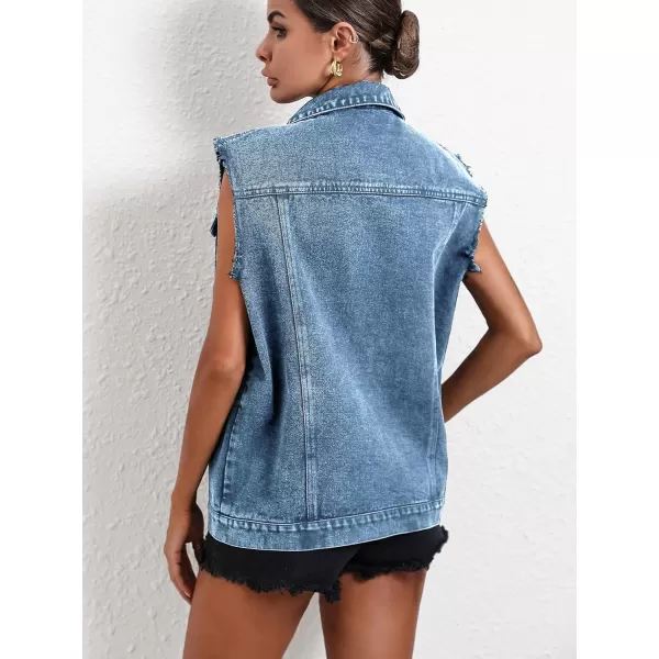 WDIRARA Women's Raw Trim Sleeveless Jean Vest Button Down Casual Denim Vest Jacket
