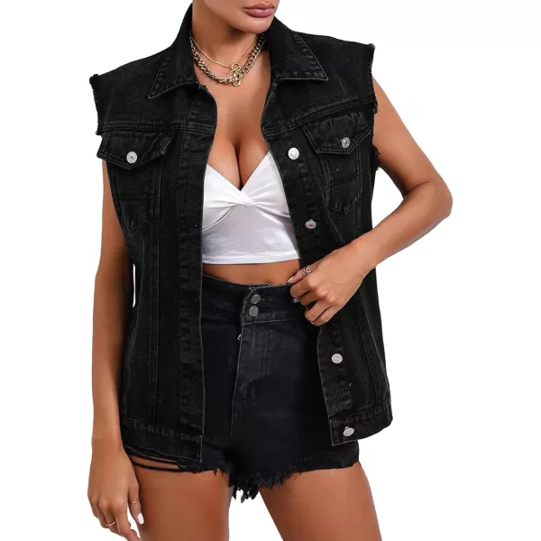 WDIRARA Women's Raw Trim Sleeveless Jean Vest Button Down Casual Denim Vest Jacket