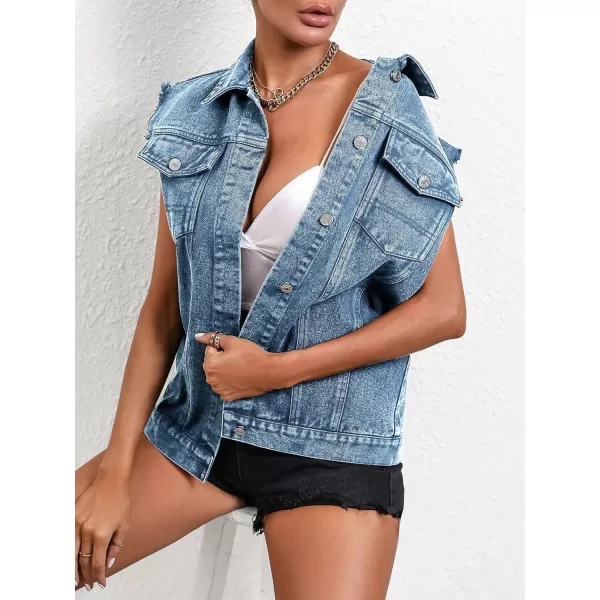 WDIRARA Women's Raw Trim Sleeveless Jean Vest Button Down Casual Denim Vest Jacket