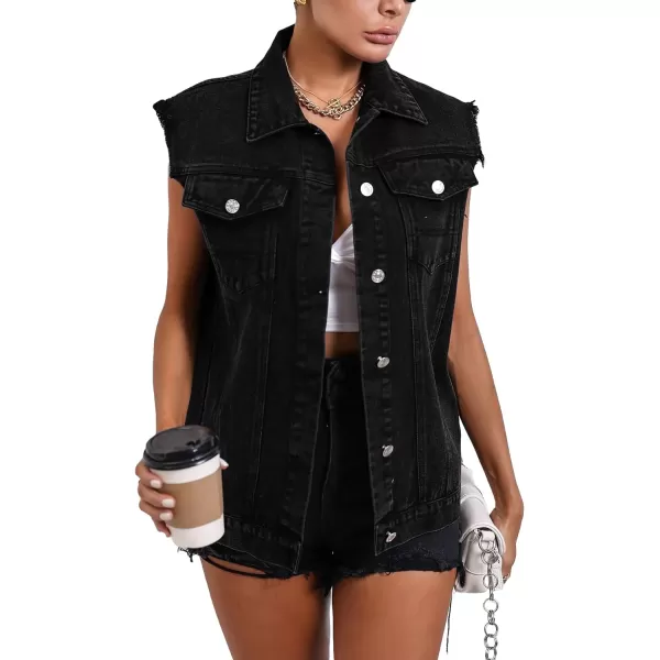 WDIRARA Women's Raw Trim Sleeveless Jean Vest Button Down Casual Denim Vest Jacket