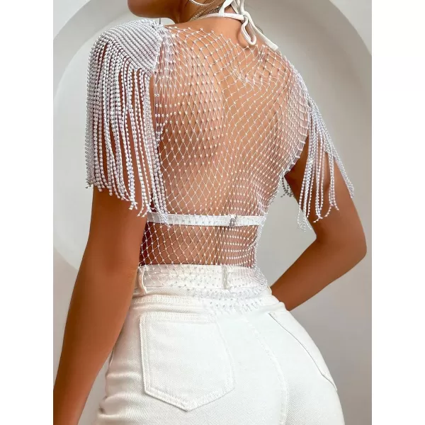 WDIRARA Women's Rhinestone Fringe Trim Fishnet Sheer Mesh See Through Party Club Crop Top