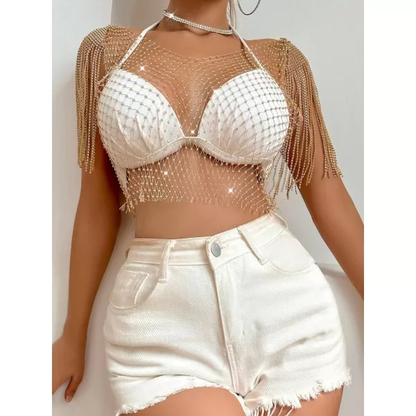 WDIRARA Women's Rhinestone Fringe Trim Fishnet Sheer Mesh See Through Party Club Crop Top