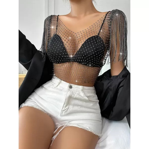 WDIRARA Women's Rhinestone Fringe Trim Fishnet Sheer Mesh See Through Party Club Crop Top