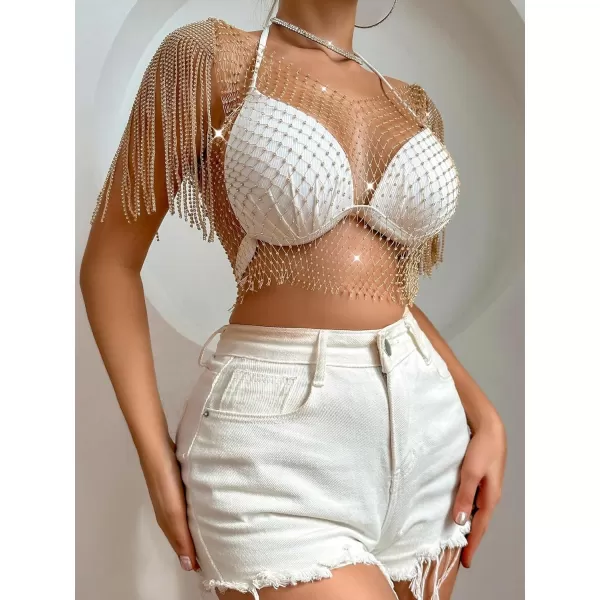 WDIRARA Women's Rhinestone Fringe Trim Fishnet Sheer Mesh See Through Party Club Crop Top