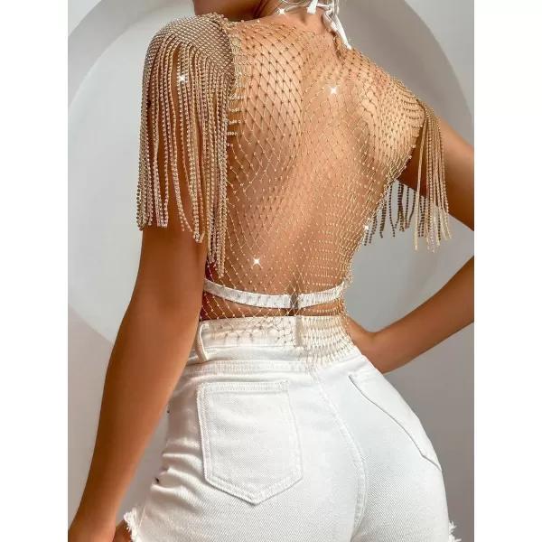 WDIRARA Women's Rhinestone Fringe Trim Fishnet Sheer Mesh See Through Party Club Crop Top
