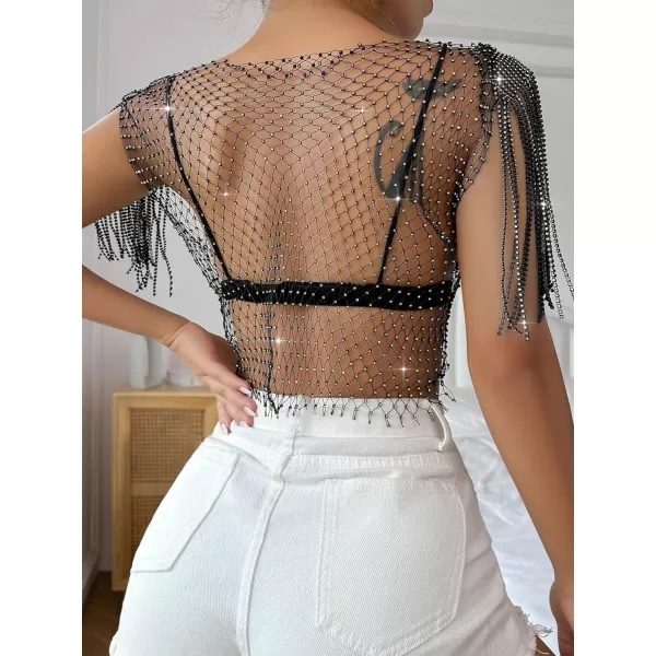 WDIRARA Women's Rhinestone Fringe Trim Fishnet Sheer Mesh See Through Party Club Crop Top