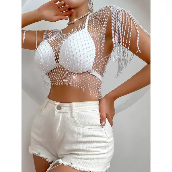 WDIRARA Women's Rhinestone Fringe Trim Fishnet Sheer Mesh See Through Party Club Crop Top