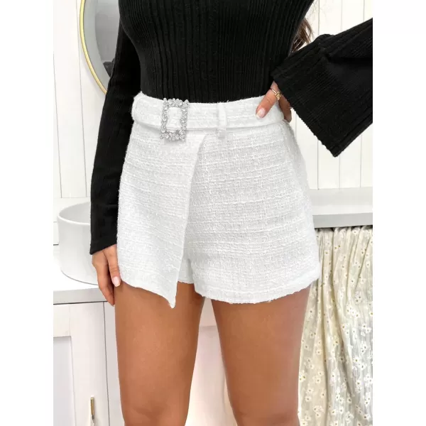 WDIRARA Women's Rhinestone High Waist Belted Sequin Skort Wrap Hem Shorts