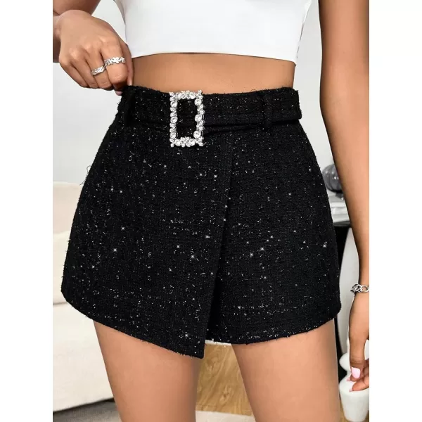 WDIRARA Women's Rhinestone High Waist Belted Sequin Skort Wrap Hem Shorts