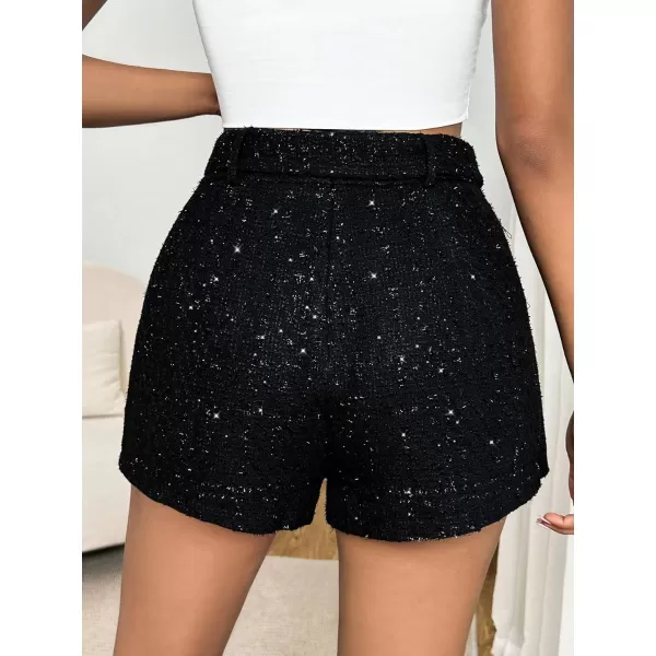 WDIRARA Women's Rhinestone High Waist Belted Sequin Skort Wrap Hem Shorts