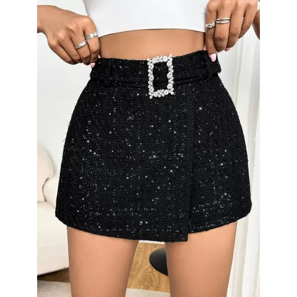 WDIRARA Women's Rhinestone High Waist Belted Sequin Skort Wrap Hem Shorts