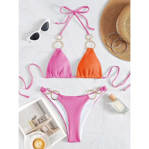 WDIRARA Women's Ring Halter Bikini Swimsuit 2 Piece Tie Back Bathing Suit