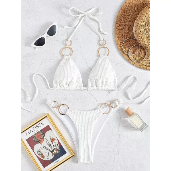 WDIRARA Women's Ring Halter Bikini Swimsuit 2 Piece Tie Back Bathing Suit