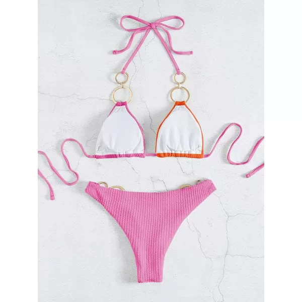 WDIRARA Women's Ring Halter Bikini Swimsuit 2 Piece Tie Back Bathing Suit