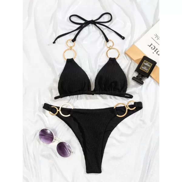 WDIRARA Women's Ring Halter Bikini Swimsuit 2 Piece Tie Back Bathing Suit