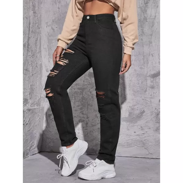 WDIRARA Women's Ripped Detail Boyfriend Loose Jeans Casual Tapered Long Denim Pants