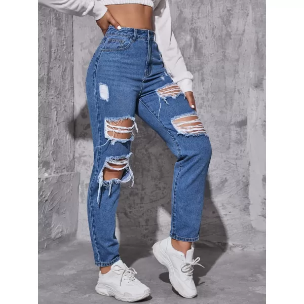 WDIRARA Women's Ripped Detail Boyfriend Loose Jeans Casual Tapered Long Denim Pants