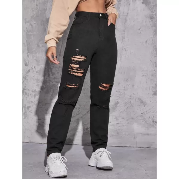 WDIRARA Women's Ripped Detail Boyfriend Loose Jeans Casual Tapered Long Denim Pants