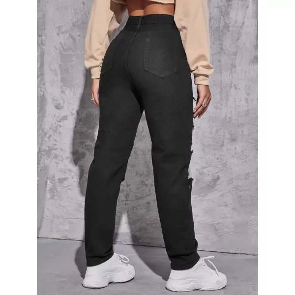 WDIRARA Women's Ripped Detail Boyfriend Loose Jeans Casual Tapered Long Denim Pants