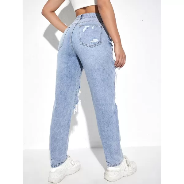 WDIRARA Women's Ripped Detail Boyfriend Loose Jeans Casual Tapered Long Denim Pants