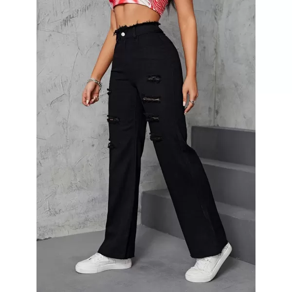 WDIRARA Women's Ripped Detail Boyfriend Loose Jeans Casual Tapered Long Denim Pants