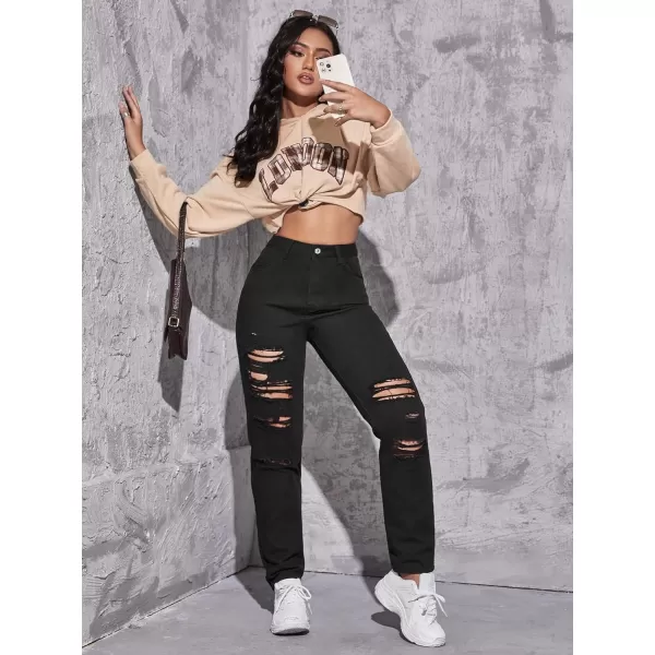 WDIRARA Women's Ripped Detail Boyfriend Loose Jeans Casual Tapered Long Denim Pants