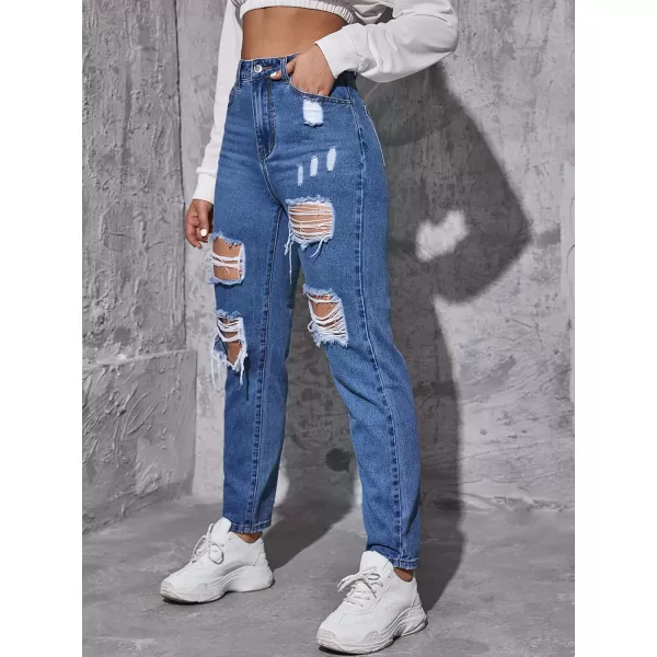WDIRARA Women's Ripped Detail Boyfriend Loose Jeans Casual Tapered Long Denim Pants