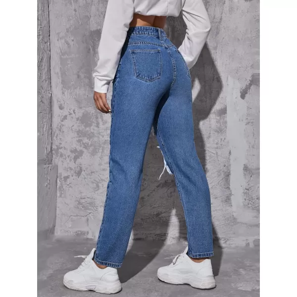 WDIRARA Women's Ripped Detail Boyfriend Loose Jeans Casual Tapered Long Denim Pants