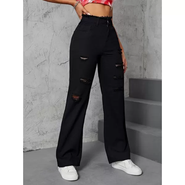 WDIRARA Women's Ripped Detail Boyfriend Loose Jeans Casual Tapered Long Denim Pants