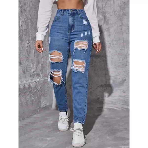 WDIRARA Women's Ripped Detail Boyfriend Loose Jeans Casual Tapered Long Denim Pants